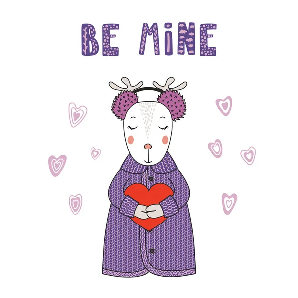 Elle çizilmiş vektör çizim şirin komik karikatür geyik hırka ve kalp, Sevgililer günü kavramı holding etkilidirler 