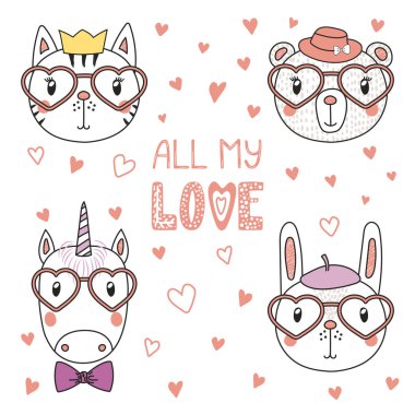 Cute animals in heart shaped glasses clipart