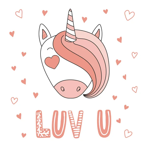 Unicorno carino con occhi a forma di cuore — Vettoriale Stock