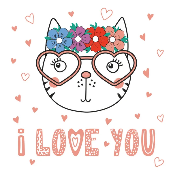 Chat mignon en forme de coeur lunettes — Image vectorielle