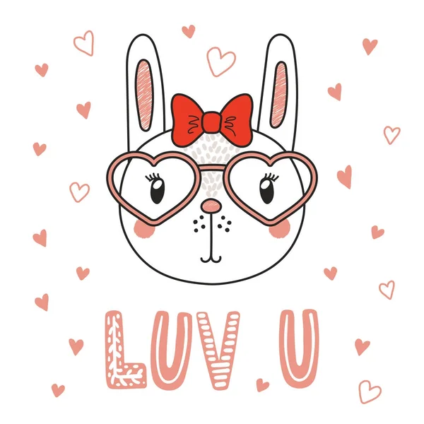 Lindo conejito en gafas en forma de corazón — Vector de stock