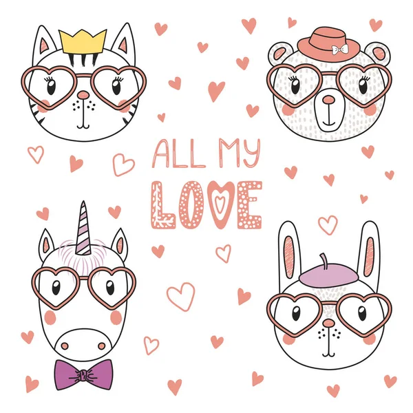 Cute animals in heart shaped glasses — Stock Vector