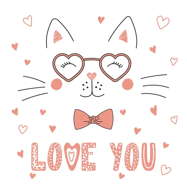 Gato bonito em forma de coração óculos — Vetor de Stock