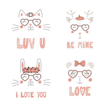 Set of hand drawn portraits of cute funny animals in heart shaped glasses with romantic quotes, Valentines day concept  clipart