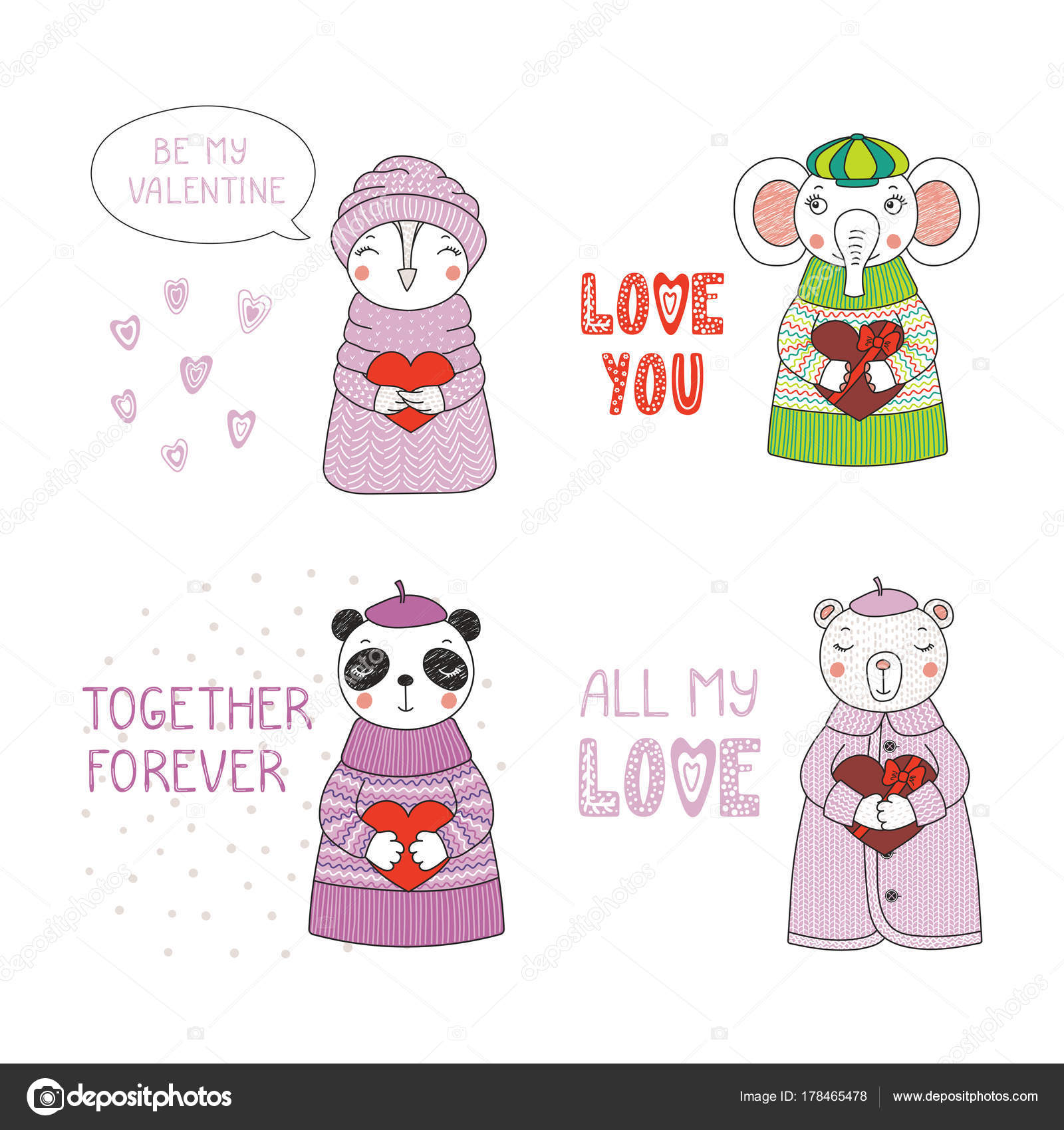 集手绘可爱滑稽卡通动物在毛衣和帽子捧心情人节概念图库矢量图©Maria_Skrigan 178465478, image size:1600x1700