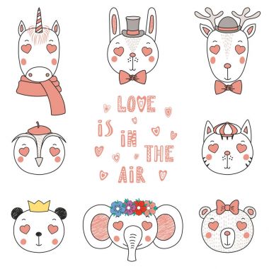 Elle çizilmiş portre sevimli komik hayvanlar kalp şeklinde gözler, Sevgililer günü kavram kümesi 