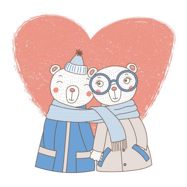 Elle çizilmiş vektör çizim şirin komik birkaç kat el ele tutuşarak ayılar ve bir eşarp, Sevgililer günü kavramı sarılmış 