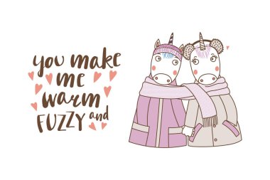 Birkaç el ele tutuşarak kat olarak şirin komik tek boynuzlu at çizilmiş vektör çizim el ve eşarp, Sevgililer günü kavramı sarılmış 