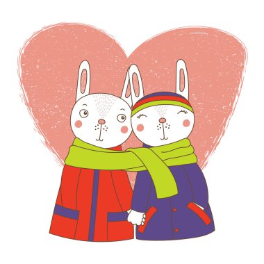 Çizilmiş vektör çizim ofcouple el ele tutuşarak kat olarak şirin komik tavşan, el ve sarılı bir eşarp, vektör, illüstrasyon