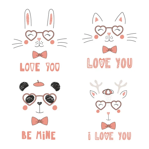 Valentines Day Card Set Hand Drawn Portraits Cute Funny Animals — Stock Vector