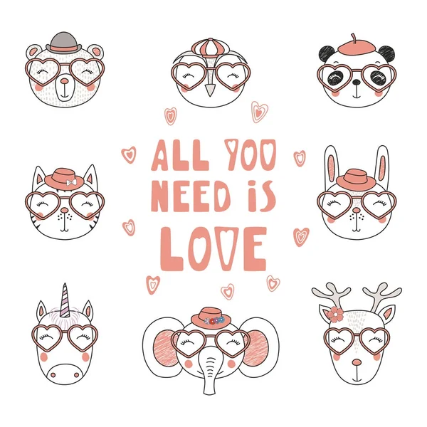 Set Hand Drawn Portraits Cute Funny Animals Heart Shaped Glasses — Stock Vector