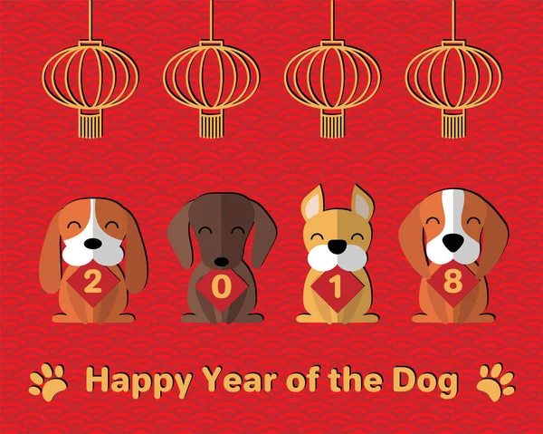 2018 Chinees Nieuwjaar Wenskaart Met Leuke Grappige Cartoon Honden Bedrijf — Stockvector