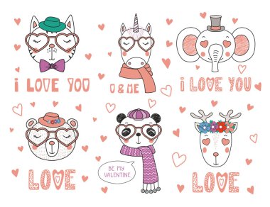 Sevgililer günü kartı kümesiyle el aksesuarları ve romantik teklif, vektör, illüstrasyon ile sevimli komik hayvanlar çizilmiş Portreler