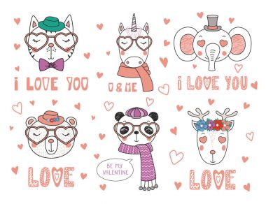 Valentines day card with set of hand drawn portraits of cute funny animals with accessories and romantic quotes, vector, illustration clipart