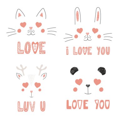 Sevgililer günü kartı dizi şeklinde gözleri ve romantik teklif, vektör, illüstrasyon kalp ile çizilen portre sevimli komik hayvanlar el