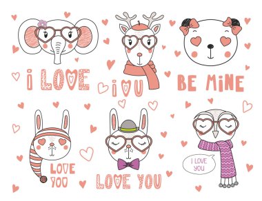 Valentines day card with set of hand drawn portraits of cute funny animals with accessories and  romantic quotes, vector, illustration clipart