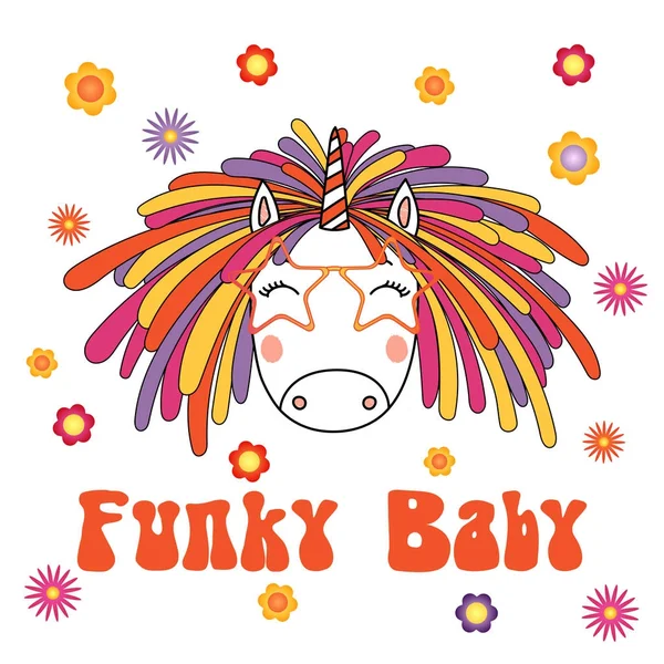 Lindo unicornio con rastas funky y gafas — Vector de stock