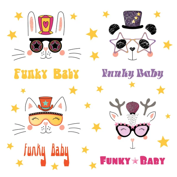 Cute animals in funky hats and glasses — Stock Vector