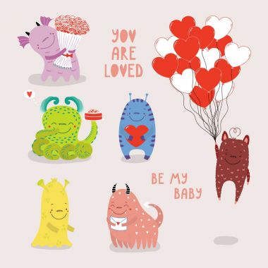 Set of cute Valentines day monsters clipart