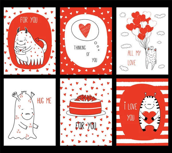 Conjunto de tarjetas de felicitación de San Valentín con monstruos lindos — Archivo Imágenes Vectoriales