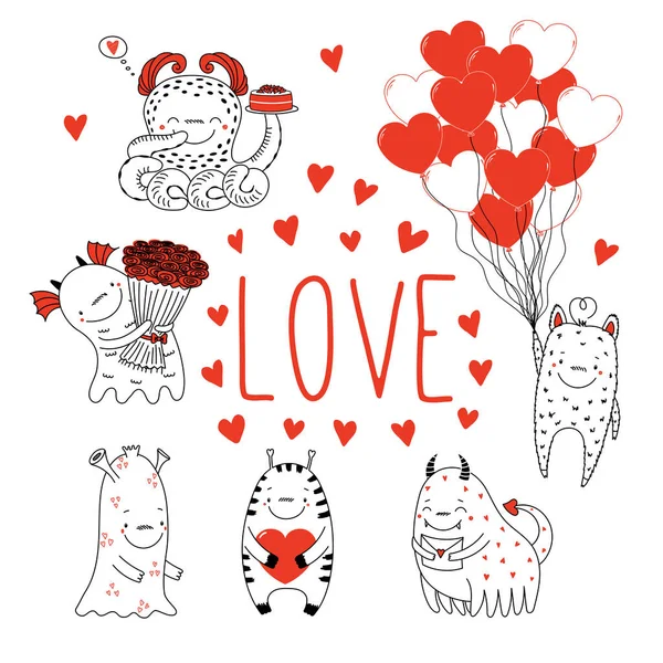 Set de lindos monstruos del día de San Valentín — Archivo Imágenes Vectoriales