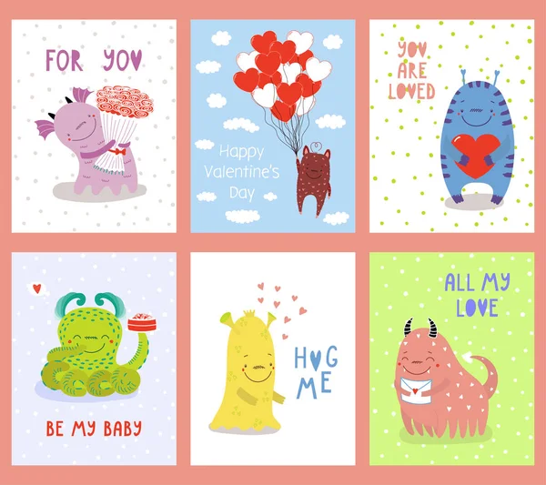 Jeu de cartes de voeux Saint Valentin avec des monstres mignons — Image vectorielle