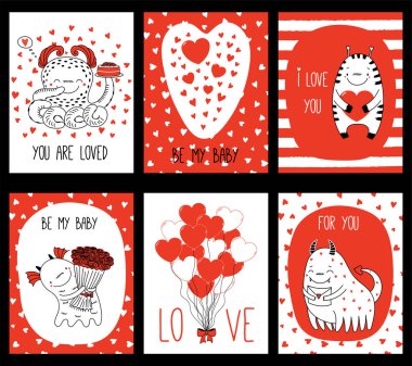 Set of Valentines day greeting cards with cute monsters clipart