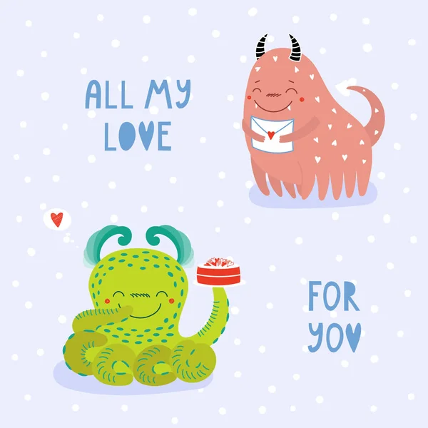 Monstres mignons Valentines carte de voeux — Image vectorielle