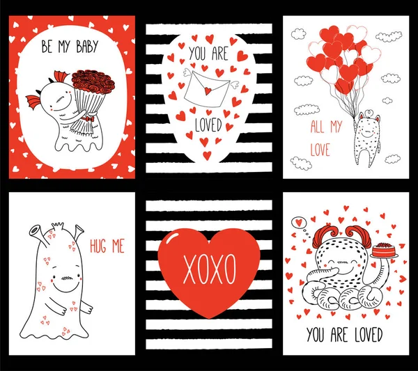 Sevgililer günü tebrik kartları sevimli canavarlar ile kümesi