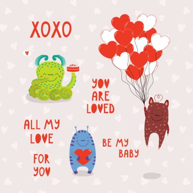 Sevgililer günü tebrik kartı set el ile çizilmiş şirin komik karikatür uzaylı canavarlar ve romantik teklif, vektör, illüstrasyon