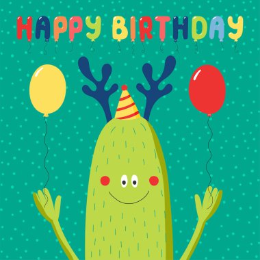 Hand drawn birthday card with cute funny monster in party hat holding balloons, vector, illustration clipart