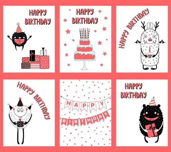 Set Hand Drawn Birthday Cards Cute Funny Cartoon Monsters Party — Stock Vector