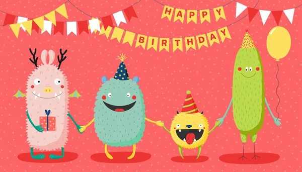 Tarjeta Cumpleaños Dibujada Mano Con Monstruos Divertidos Lindo Sombreros Fiesta — Vector de stock