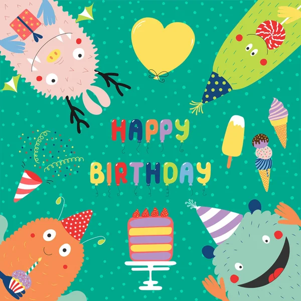 Hand Drawn Birthday Card Cute Funny Monsters Party Hats Looking — Stock Vector