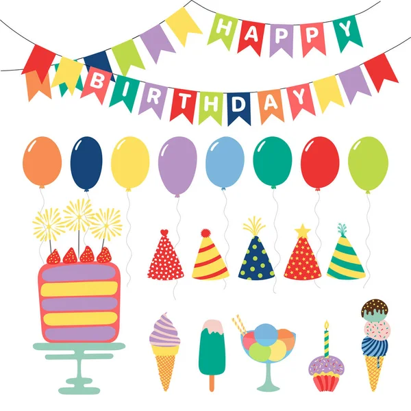 Collection Hand Drawn Birthday Party Design Elements Vector Illustration — Stock Vector