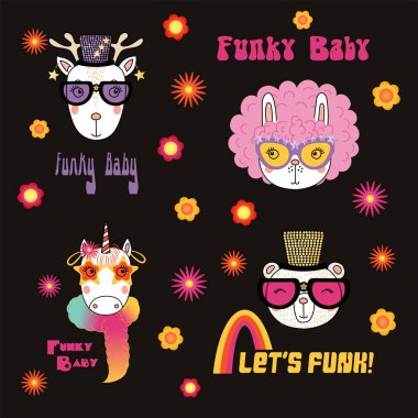 Elle çizilmiş şirin komik karikatür hayvanlarda funky şapka ve gözlük, vektör, resimde kümesi