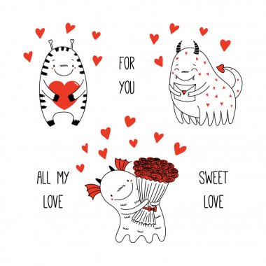 Sevgililer günü tebrik kartı el ile şirin komik uzaylı canavarlar romantik teklifi, vektör, illüstrasyon ile çizilmiş