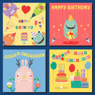 Elle çizilmiş kare doğum günü kartları ile şirin komik karikatür canavarlar parti şapkaları, vektör, resimde kümesi 