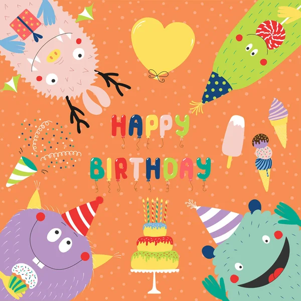 Tarjeta Cumpleaños Dibujada Mano Con Monstruos Divertidos Lindo Sombreros Fiesta — Vector de stock