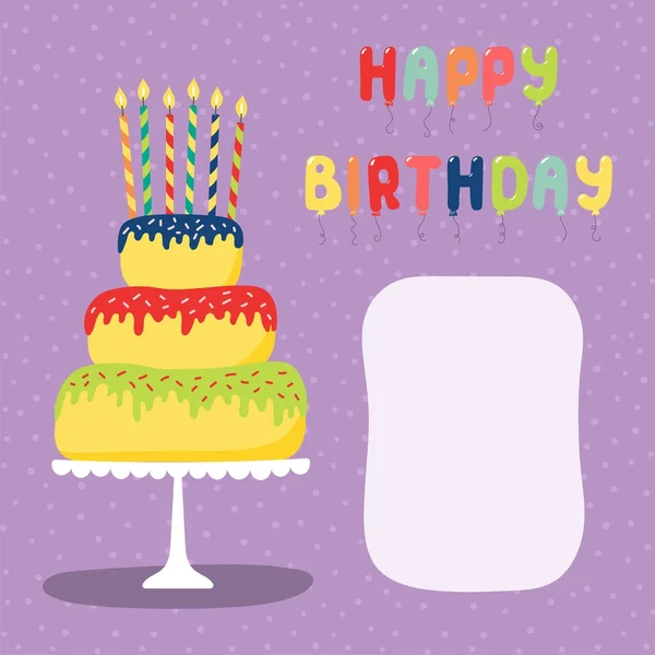 手绘生日贺卡与卡通层蛋糕和气球与文本 — 图库矢量图片