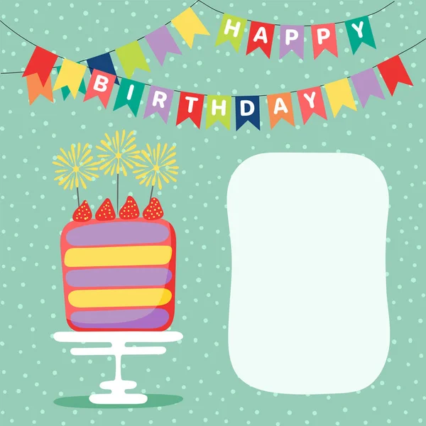 Carte Anniversaire Dessinée Main Avec Gâteau Couche Dessin Animé Bunting — Image vectorielle