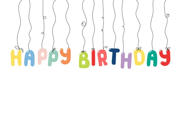 手绘生日贺卡五颜六色的气球挂在字符串形状的字母拼写快乐的生日 — 图库矢量图片