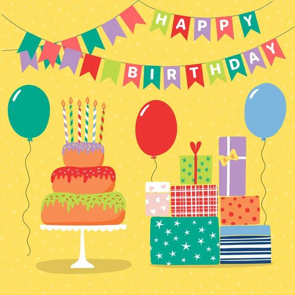 手绘生日贺卡与卡通层蛋糕的礼物和气球与彩旗 — 图库矢量图片