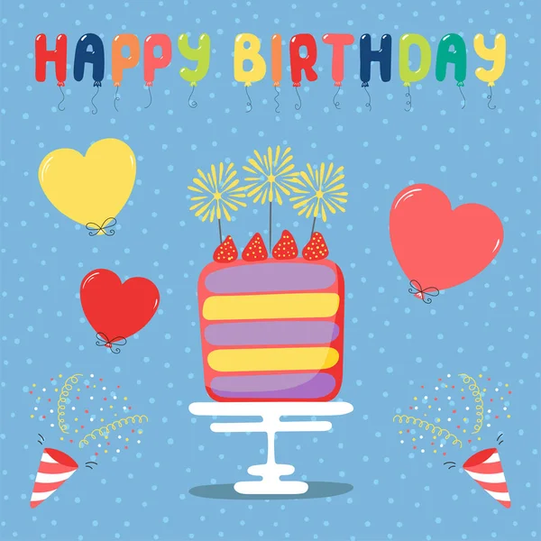 Χέρι Συρμένο Γενέθλια Κάρτα Καρτούν Στρώμα Κέικ Μπαλόνια Και Κροτίδες — Διανυσματικό Αρχείο