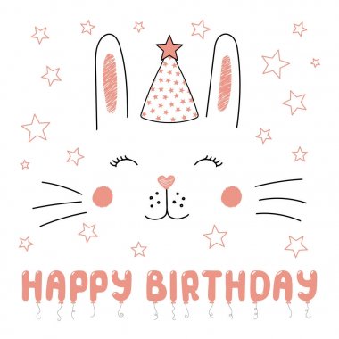 Parti şapkası ile metin mutlu yıllar, parti kavramı, vektör, resimde çizilmiş şirin komik tavşan el