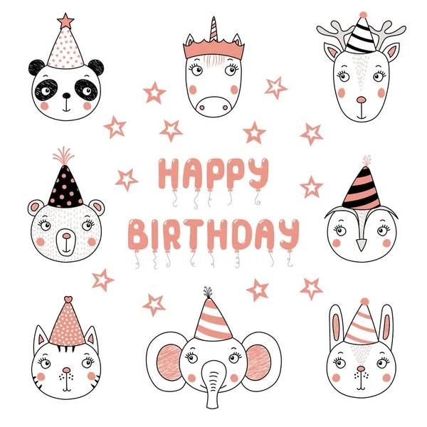 贺卡用手画逗人喜爱的动物在党帽子与气球在信件的形状拼写生日快乐 — 图库矢量图片