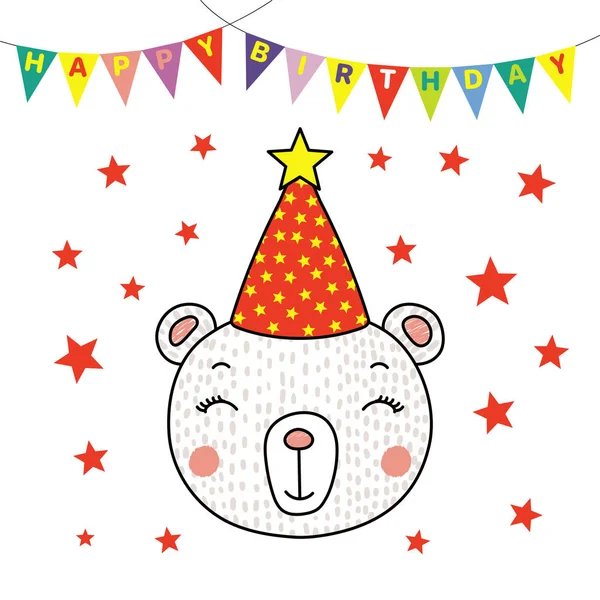 Tarjeta Felicitación Con Mano Dibujado Lindo Oso Divertido Sombrero Fiesta — Archivo Imágenes Vectoriales