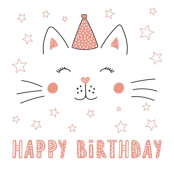 Tarjeta Felicitación Con Dibujado Mano Lindo Gato Divertido Sombrero Fiesta — Vector de stock