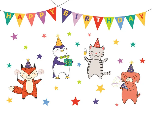 愉快的生日贺卡与逗人喜爱滑稽的卡通动物 — 图库矢量图片