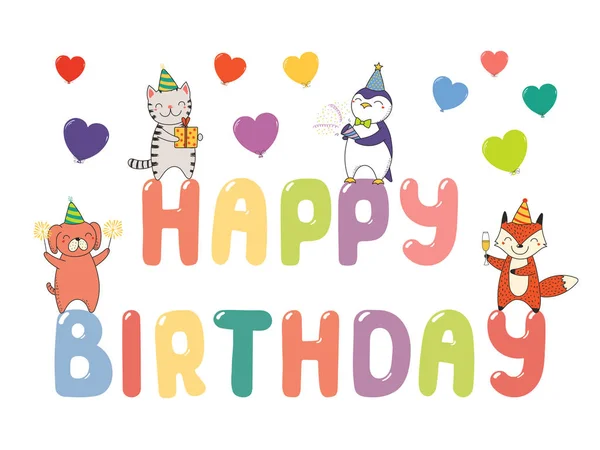 Happy Birthday Greeting Card Hand Drawn Cute Funny Cartoon Animals — Stock Vector